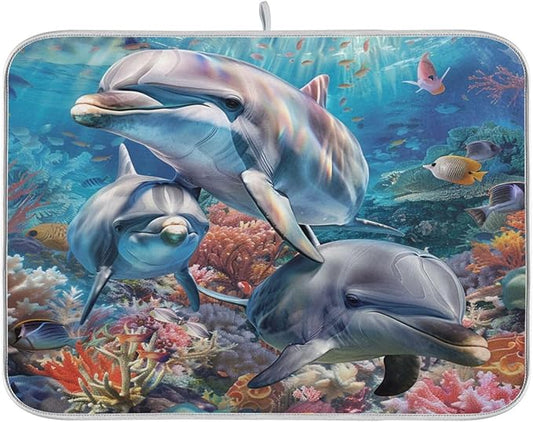 ZzWwR Funny Ocean Cute Dolphin Family Absorbent Dish Drying Mat Microfiber Kitchen Countertop Table Protector Multi-Purpose Counter Rack Sink Drainer Pad (16" x 18")
