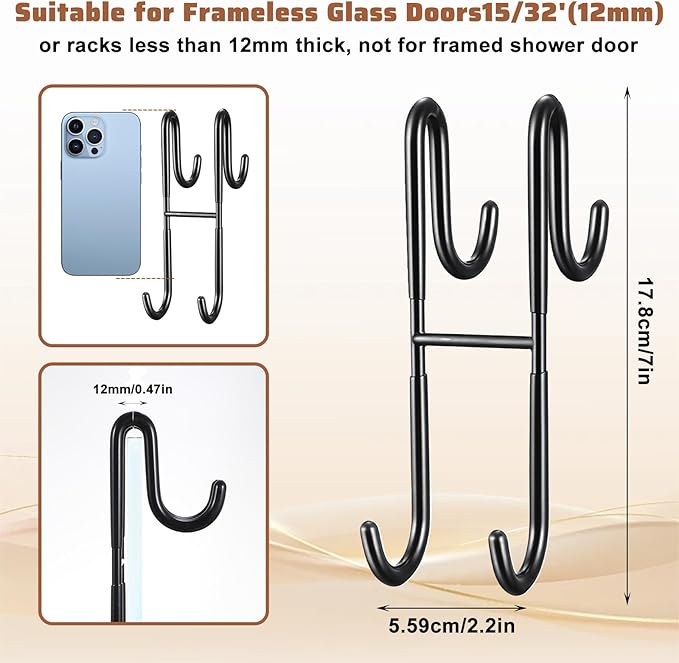 PercyEffie 2Pcs Over The Door Towel Hook Door Hanger Hook s Frameless Drilling-Free Hanger, Double Side Towel Hooks Black Stainless Steel Shower Doors Hooks for Bathrooms, Squeegee,Towels,Loofah