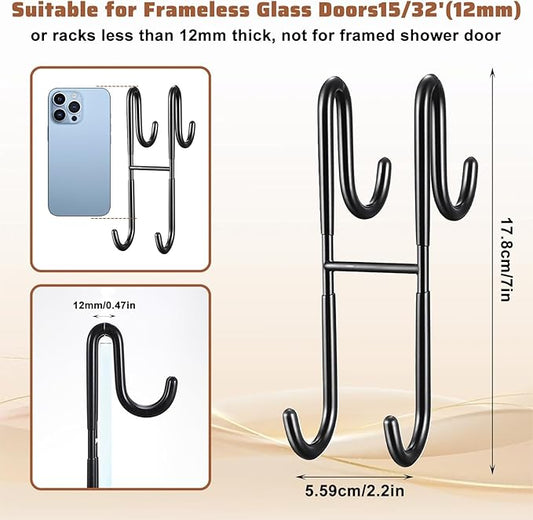 PercyEffie 2Pcs Over The Door Towel Hook Door Hanger Hook s Frameless Drilling-Free Hanger, Double Side Towel Hooks Black Stainless Steel Shower Doors Hooks for Bathrooms, Squeegee,Towels,Loofah