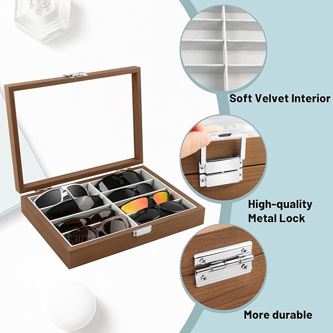 Homeanda Wooden Eyeglasses Case 8 Grids Sun Glasses Holder Eyewear Organizer Glasses Case Tray Glasses Display Showcase Organizer with Cover Christmas Gift for Men and Women