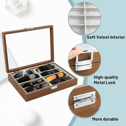 Homeanda Wooden Eyeglasses Case 8 Grids Sun Glasses Holder Eyewear Organizer Glasses Case Tray Glasses Display Showcase Organizer with Cover Christmas Gift for Men and Women