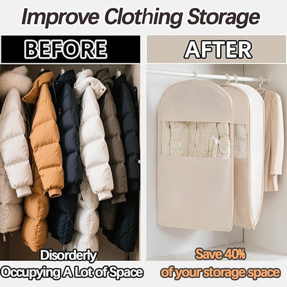 Space Saving Hanging Garment Bag with Self Compression Zipper，Dust Cover Clothes Bags for Down Coat,Dress,Suit，Closet Storage Organizer for Home Travel Use (Beige, M+L+XL)