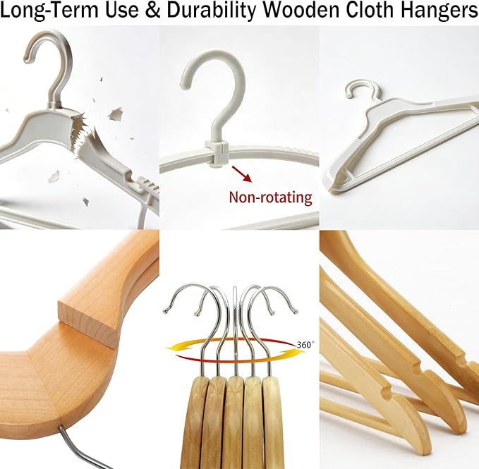 Natural Wooden Coat Hangers, Durability Wood Suit Hangers with Non Slip Pant Bar, Solid Wooden Clothes Hangers with Wide Shoulder Design for Shirts, Jackets, Dress, Pants, Sweaters, 30 Pack