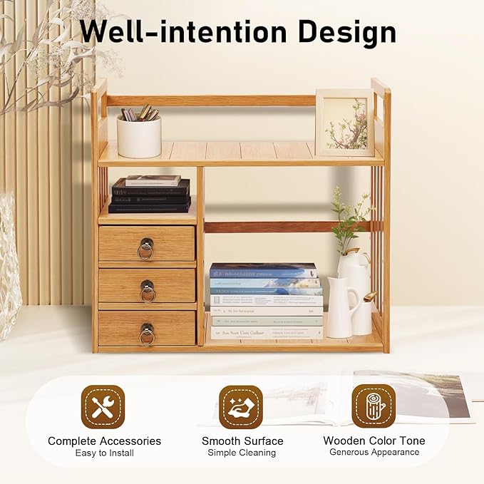 Bamboo Desk Shelves with 3 Drawers Office Desktop Storage Rack Desk Top Document Storage Organizer Rectangular Desktop File Holder Open Design for Office Home School 19.7 * 7.5 * 17.7in