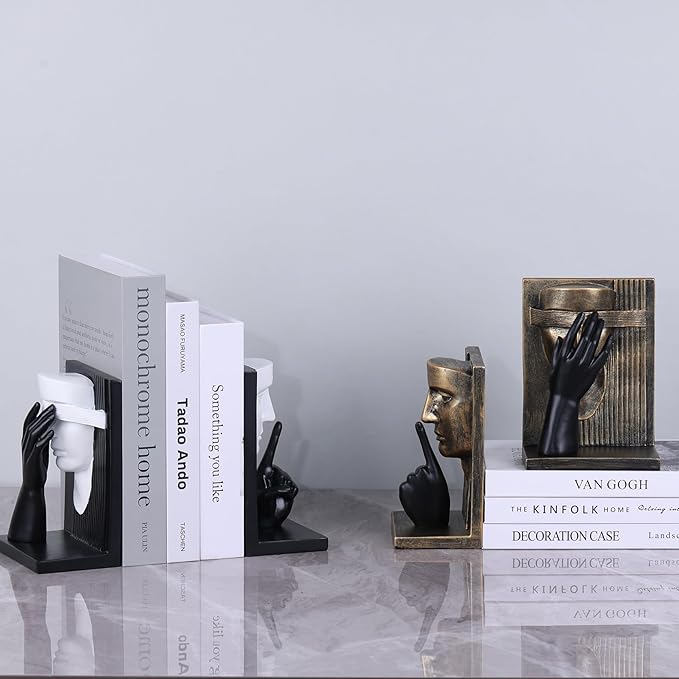 Decorative Bookends Set – Vintage Gold Face Sculptures & Modern Black & White – Resin Book Ends for Shelves, Heavy Book Stoppers, Brass-Look Bookends, Decorative for Home Office (Vintage)