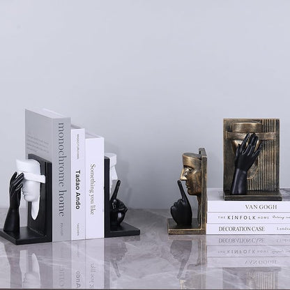 Decorative Bookends Set – Vintage Gold Face Sculptures & Modern Black & White – Resin Book Ends for Shelves, Heavy Book Stoppers, Brass-Look Bookends, Decorative for Home Office (Vintage)