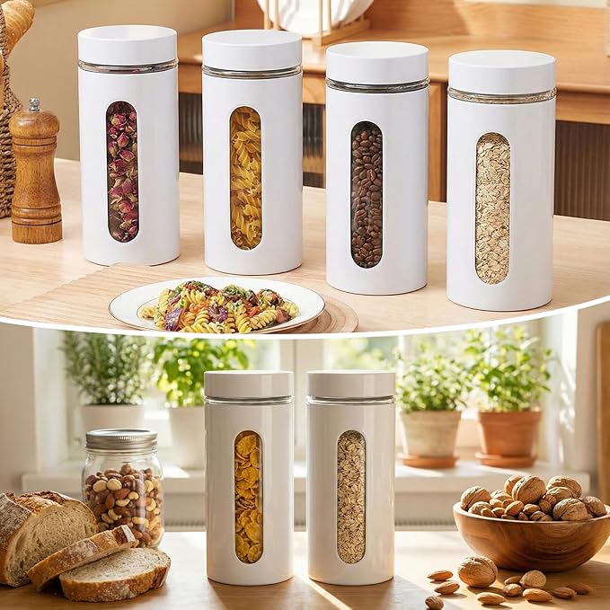 Mimorou 6 Pack Kitchen Canisters Set Airtight Coffee Sugar Tea Storage Jars with Window Glass Stainless Steel Containers with Lids for Flour Cookies Spices Grains Kitchen Decorations(White,44 oz)