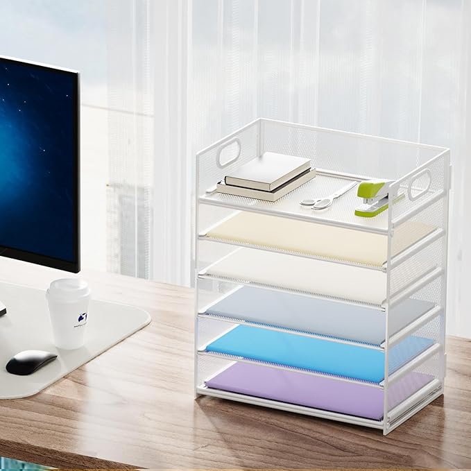 Marbrasse 6 Tier Paper Organizer Letter Tray - Mesh Desk File Organizer with Handle, Paper Sorter for Letter/A4 Office File Folder Holder - White