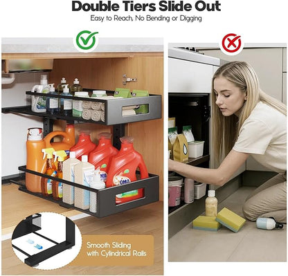 1 Pack 19IN Depth Under Sink Organizer, 2-Tier Pull Out Cabinet Organizer With Smooth Circular Rail, Large Capacity Metal Mesh Sliding Drawers For Bathroom& Kitchen Storage,Height Adjustable-Black