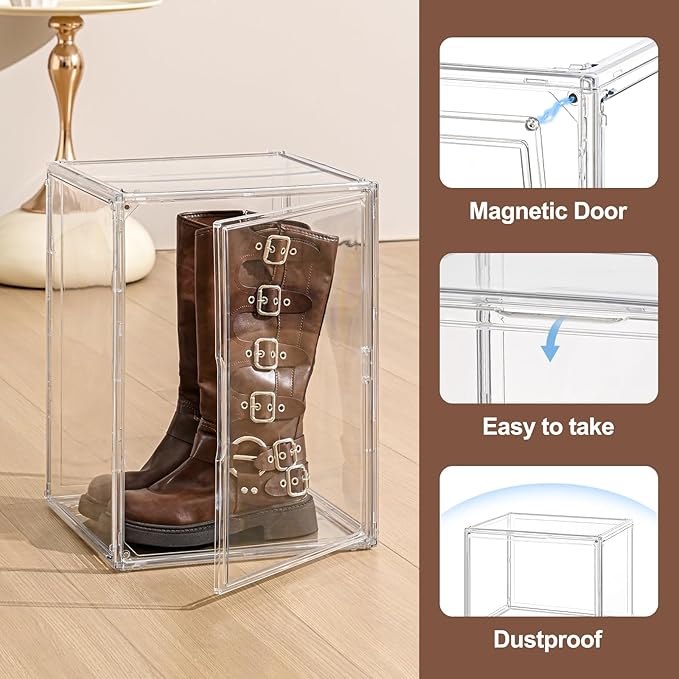 VGLXTRNT 2 Pack XXX-Large Clear Display Case 17.7" x 13" x 13" Extra Large Display Organizer Box with Magnetic Door, Stackable Acrylic Storage Bin for Boots, Shoes, Collectibles, Bags, Figures