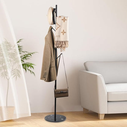 Freestanding Coat Rack with Marble Base, 4 Height Adjustable Standing Metal Coat Tree with 7 Hooks, Space-Saving Hat Clothes Coat Stand for Entryway, Bedroom, Office (Black)