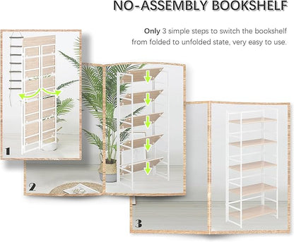 4NM No Assembly 5 Tiers Collapsible Book Shelves, 51.2" H Folding Bookshelf Bookcase Open Industrial Foldable Shelves for Bedroom, Living Room, Home Office - Natural White