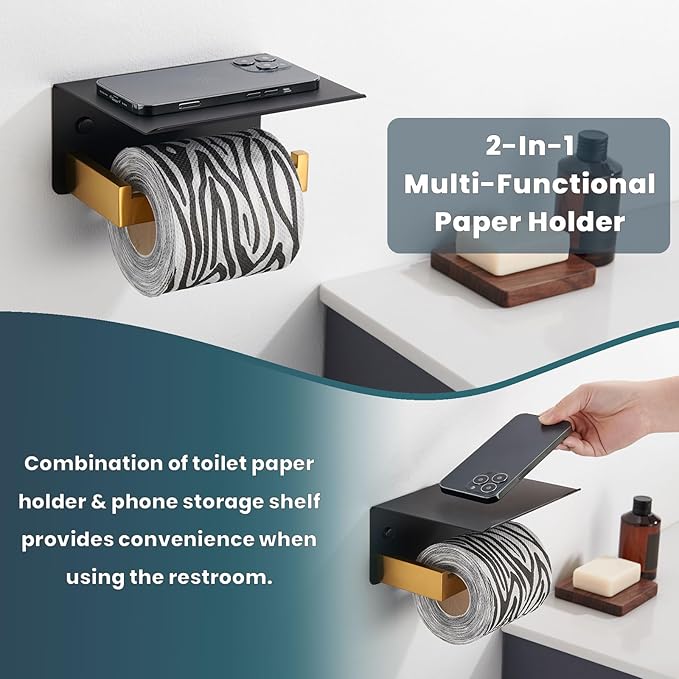 Suyar Toilet Paper Holder with Phone Shelf, SUS 304 Stainless Steel Toilet Paper Roll Holder with Storage Shelf Wall Mount, Black and Gold