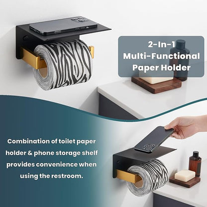 Suyar Toilet Paper Holder with Phone Shelf, SUS 304 Stainless Steel Toilet Paper Roll Holder with Storage Shelf Wall Mount, Black and Gold