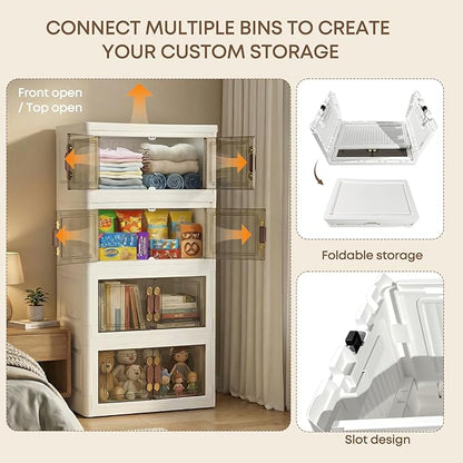MOONEDGE 140QT Stackable Plastic Storage Bins with Lid & Handles, Foldable Collapsible Closet Organizer with Magnetic Doors and Side Locking, 4 Tier for Living Room, Office, Garages