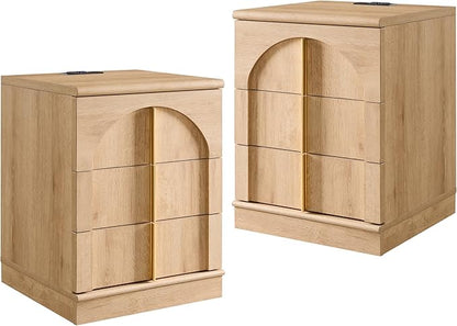 ACCOHOHO Modern Night Stand Set 2 with Arched Panel, 18" Nightstand with Charging Station, Side Table with 3 Storage Drawers, Wood Square Bedside End Table for Bedroom Living Room, Natural Oak