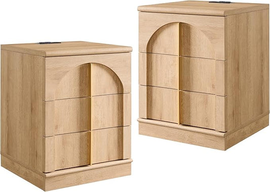 ACCOHOHO Modern Night Stand Set 2 with Arched Panel, 18" Nightstand with Charging Station, Side Table with 3 Storage Drawers, Wood Square Bedside End Table for Bedroom Living Room, Natural Oak