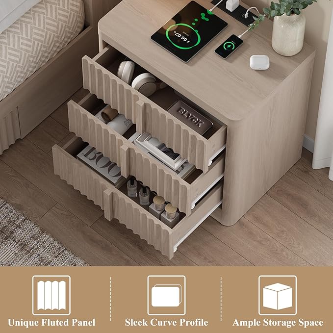 Harpaq Fluted Nightstand with Charging Station, 23.6" Night Stand with Solid Wood Handle, Mid Century Modern Bedside Table End Table 3 Drawer Dresser for Bedroom, Living Room, White Alder