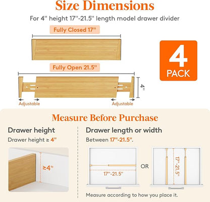 Lifewit 4 Pack 4" High Bamboo Drawer Dividers, 17-21.5" Adjustable Drawer Organizers for Clothes, Wood Dresser Drawer Divider, Expandable Deep Drawer Separators for Dresser, Kitchen, Bedroom, Bathroom