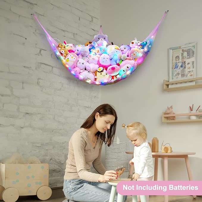 Unicorn Castle Stuffed Animals Net or Hammock Kids Toy Storage Organizer with LED Light Hanging Corner Stuffed Animals Holder Kids Girls Room Decor,Rainbow-A,Large (Pack of 1)