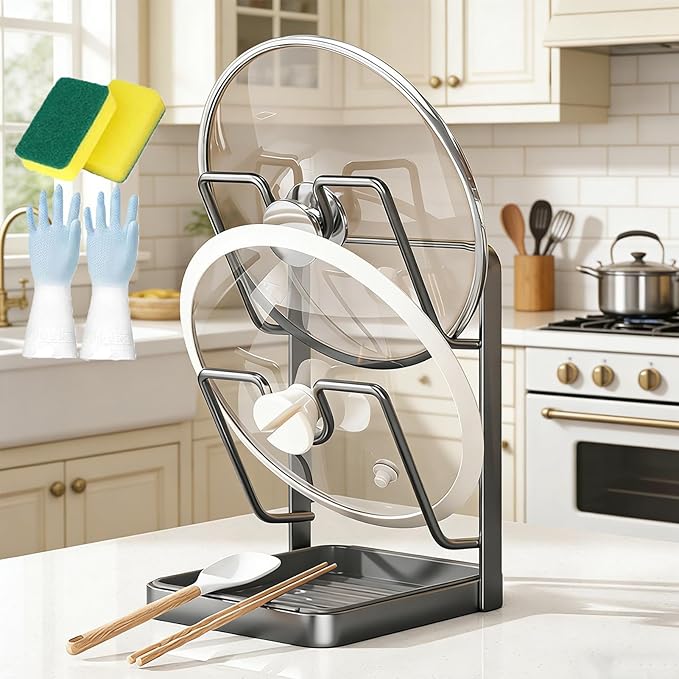 2026 New Kitchen Pot Lid Storage Rack, Pot Lid Holder While Cooking, Double Layer Lid and Spoon Rest With Tray, Multifunctional Spatula Holder For Stovetop, Kitchen Counter (Double Layer-grey)