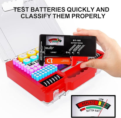Battery Organizer Storage Case with Tester, Ultra-Large 265+ Double-Sided Batteries Container with Handle, Holds AA AAA 4A 23A C D Cell 3V 9V Lithium CR3 4LR44 CR123A 18650 (Red)