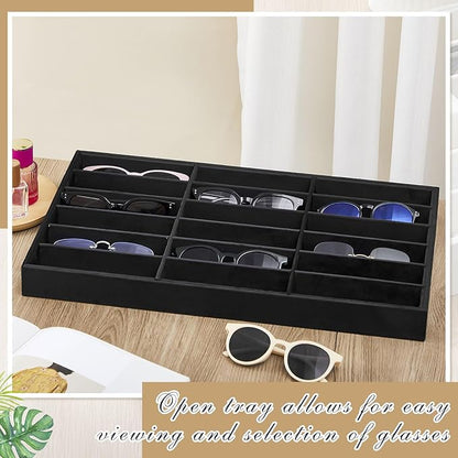 Amylove 2 Pcs Sunglass Organizer Trays Glasses Stackable Jewelry Trays Sunglass Organizer Display Box (18 Grids,Black)
