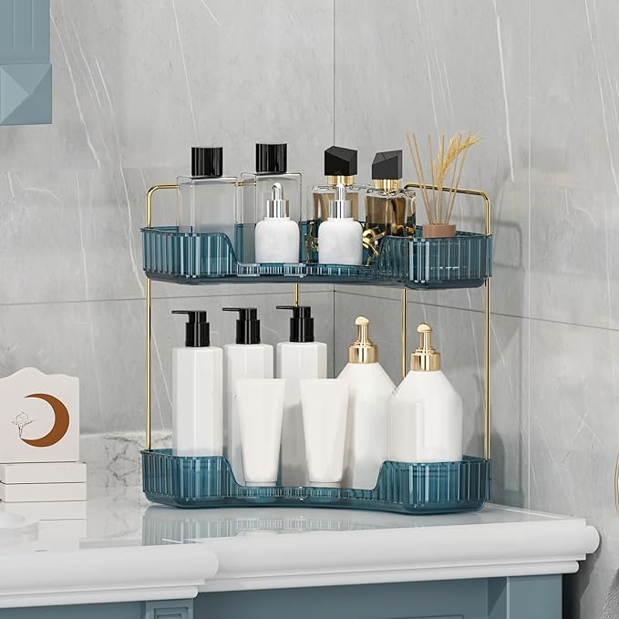 Weidace Corner Bathroom Counter Organizer Bathroom Countertop Shelf Makeup Organizer for Vanity Perfume Tray for Corner Storage (2 Tiers, Blue)