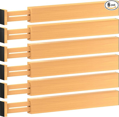 6 Pack Bamboo Drawer Dividers - 17" to 21.5" Expandable Adjustable Drawer Organizer for Kitchen Utensils, Large Kitchen Drawer Divider, Clothes, Dresser, Bedroom, Bathroom & Desk Drawer Separator Set