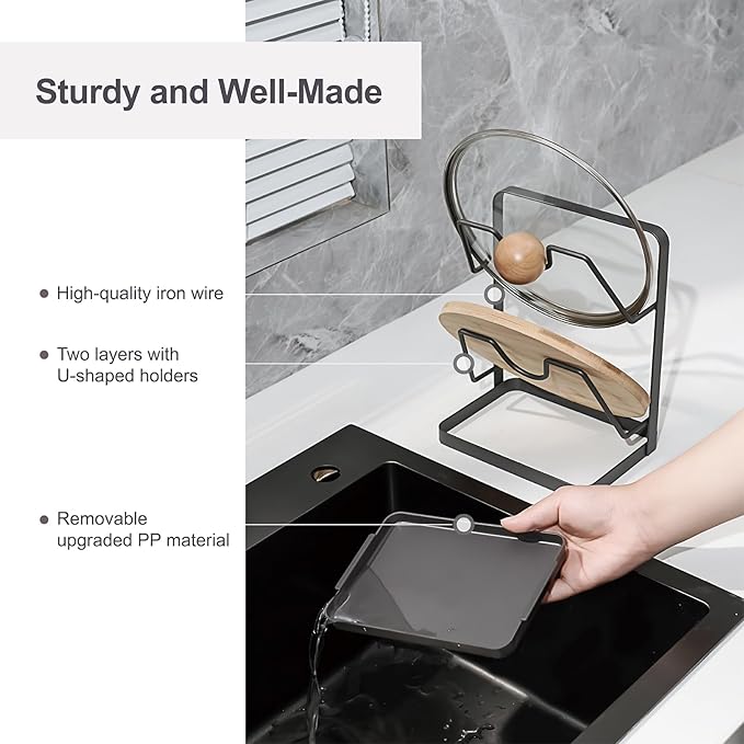 XCCK Pot Lid Holder While Cooking, Kitchen Pot Lid Storage Rack for stove top, Multifunctional Kitchen Pot Lid Organizer for Countertop (Iron,Dark Grey)