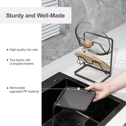 XCCK Pot Lid Holder While Cooking, Kitchen Pot Lid Storage Rack for stove top, Multifunctional Kitchen Pot Lid Organizer for Countertop (Iron,Dark Grey)