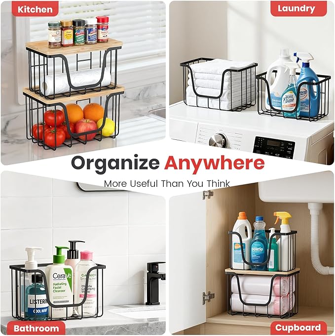 KONE Large Trash Bag Holder, 2 Pack Garbage Bag Dispenser, Storage Stackable Kitchen Organizer with Bamboo Top, Wall Mount Laundry Pantry Organization Black