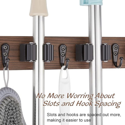 Mop and Broom Holder Wall Mount - Rustic Wood Broom Mop Hanger - Wall Mounted Garden Tool Rack Organizer for Closet Garage Laundry Room Kitchen Decor With 4 Slots & 4 Hooks