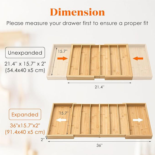 Kathfly Extra Large Drawer Organizer Kitchen Utensils Expandable 21.4 to 36 Inches Wid, Adjustable Bamboo Silverware Tray Cutlery Utensile Flatware Organizer Holder Drawer Divider for Spoons and Forks