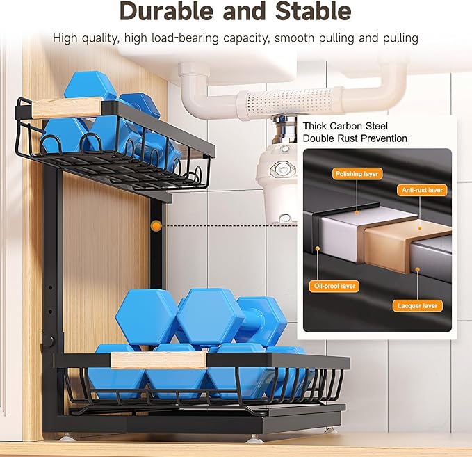 2 Packs Under Sink Organizer, Height Adjustable 2 Tier Under Kitchen Sink Organizer, Multi-Purpose Storage Shelf for Kitchen Bathroom Cabinet (Black)