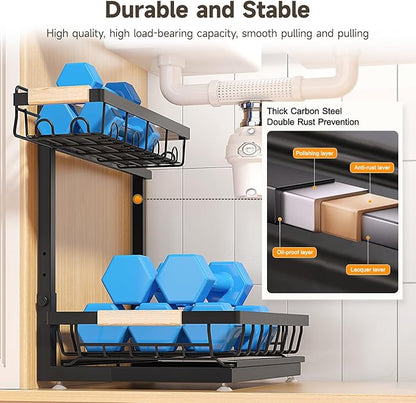 2 Packs Under Sink Organizer, Height Adjustable 2 Tier Under Kitchen Sink Organizer, Multi-Purpose Storage Shelf for Kitchen Bathroom Cabinet (Black)