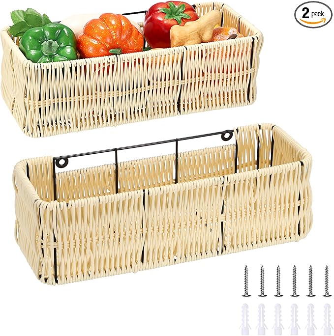 OwnMy Plastic Wicker Hanging Basket for Kitchen, Set of 2 Wall Storage Baskets Hanging Fruit Vegetable Basket for Kitchen Cabinet Pantry Organizing, Bathroom Toilet Paper Storage Baskets Organizers