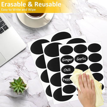 230 Pcs Labels for Jars, 2 Size Waterproof Chalkboard Labels for Food Containers, Storage Bins, Mason Jars, Reusable Blackboard Stickers with 1 Erasable Chalk Marker (Oval)