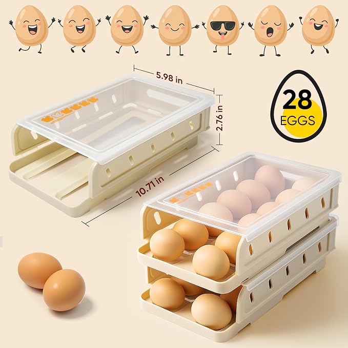 Automatic Rolling Egg Holder for Refrigerator, 1-Pack Stackable Egg Storage Containers, Smooth Glide Track, Steady Base & Dishwasher Safe
