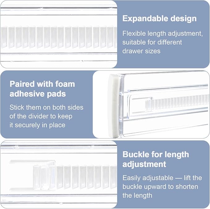 6 Pack Adjustable Drawer Dividers (11.34-19.88") 3.15" High Expandable Drawer Organizers Plastic Dresser Drawer Separators for Clothes Kitchen Bathroom Bedroom Office Storage