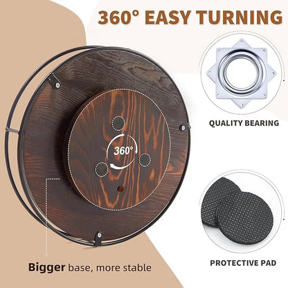 12 Inch Wood Lazy Susan Turntable for Table, Kitchen Rustic Brown Turntable Organizer with Steel Frame, 360 Degree Decorative Turntable for Countertop Cabinet or Centerpieces