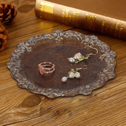 S-MANTIS Vintage Tray Small Antique Trinket Dish, Round, Ring Holder with Twisted Flower Surrounding, Cosmetics Makeup Storage Organizer, Gift, Aesthetic Room Decor (Bronze-Flower)