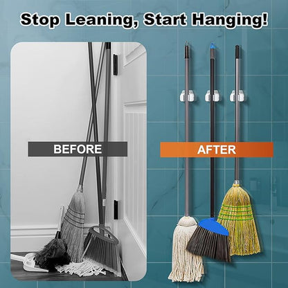funest 6 Pack Mop and Broom Holder Wall Mount, No Drill Needed Self Adhesive, Non-Slip Mop Grippers for Tile Walls - Kitchen, Bathroom, Garage（White）