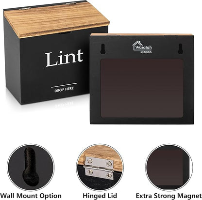 Magnetic Lint Bin for Laundry Room - Compact Size, Wooden Dryer Lint Holder with Lid - Rustic Lint Box, Magnetic Bin - Modern Farmhouse Laundry Room Decor, Black with Torched Lid