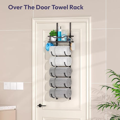 SWTYMIKI Over The Door Towel Rack - 6 Tier Towel Racks for Bathroom Wall Mounted, Towel Holder with Shelf, Hanging Rolled Towel Storage Organizer for Small Bathroom, Camper, RV, Black