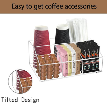 Coffee Bar Station Organizer for Countertop, Acrylic Coffee Pods Sugar Packets Tea Bags Storage Basket for Countertop, Clear