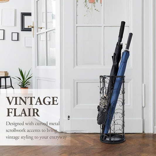 MyGift Matte Black Metal Umbrella Stand with Decorative Vintage Scrollwork, Freestanding Cane or Walking Stick Holder Rack with 3 Hanger Hooks for Compact Travel Umbrellas