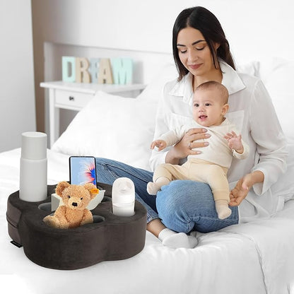 Couch Cup Holder Pillow, Sofa Organizer Caddy Bed Refreshment Tray for Drinks, Remotes, Phones, Snacks (Soot)