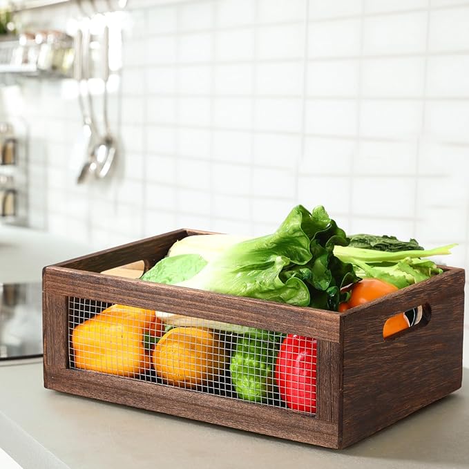 4 Pcs Wooden Nesting Countertop Baskets 4 Size Wooden Storage Box with Handle and Metal Wire Multipurpose Wood Organizer Crate for Fruit Vegetable Kitchen Cabinet Bathroom (Dark Brown,Big)