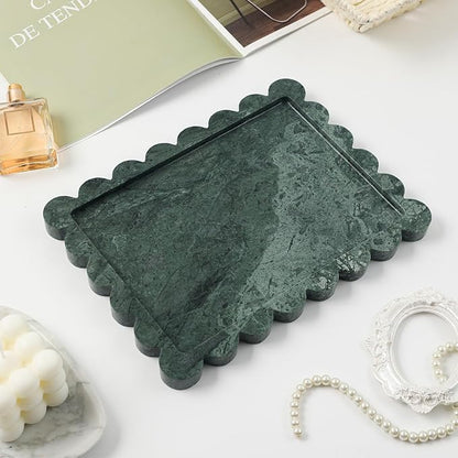Faticdorr Natural Marble Scalloped Tray 10.8" x 8", Marble Vanity Tray for Jewelry Trinket Cosmetics Perfume Candle, Luxury Decorative Trays for Bathroom Kitchen Dresser Countertop, Green
